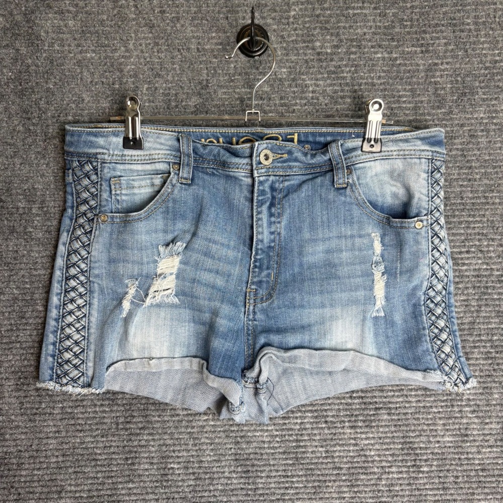 Rue21 Womens High Waisted Braided Side Denim Shorts Medium Wash Distressed 11/12